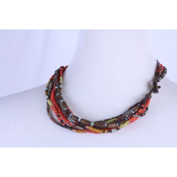 Multi 6 Strand Brown Orange Wood Bead Unisex Hipster Necklace 19" Button Close - Picture 2 of 5